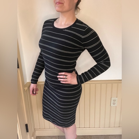 Athleta Dresses & Skirts - ATHLETA Weather Wool Knit Striped Black White Midi Sweater Dress Womens Small